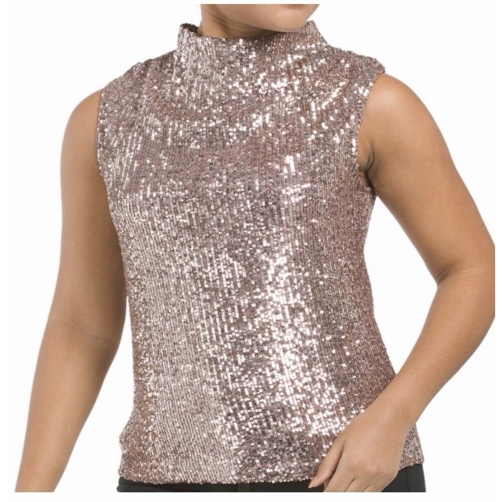 Cable & Gauge Top Size Large Pink Sequin Sleeveless Women Party Cowl Neck